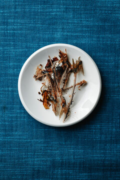 cooked sardine bones on a white plate, seen from above