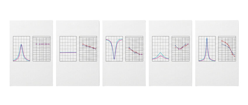 Scientific line charts data graphs set on white paper sheets displaying laboratory research results, frequency response curves, and statistical analysis diagrams for academic study, physics, math tech