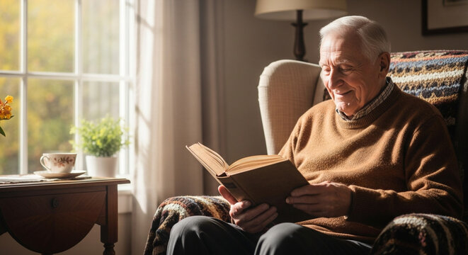 Happy senior man sitting in a cozy armchair by the window and reading a book at home