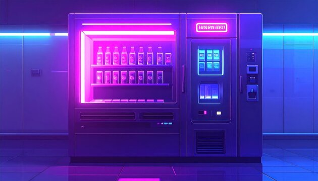 Retro Vending Machine Illuminated by Neon Pink and Blue Lights.
