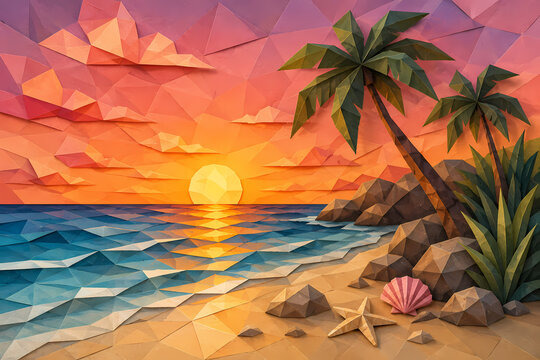 Low poly tropical beach sunset with palm trees and ocean geometric landscape
