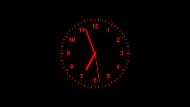 Glowing red analog clock face with moving hands showing time on a dark black background 4K Motion Video