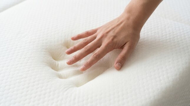 Close-up of woman's hand pressing white memory foam mattress for comfort testing