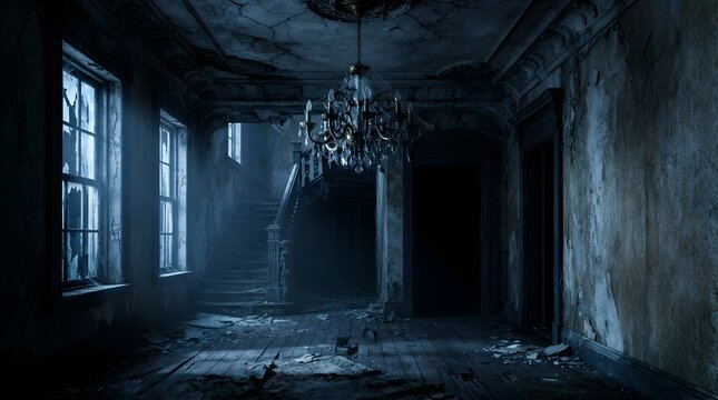Dark and dilapidated interior of an abandoned mansion with chandelier
