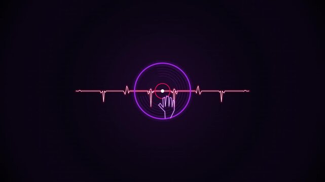 Neon hand touching a spinning vinyl record with a glowing heartbeat pulse line on a dark background 4K Motion Video