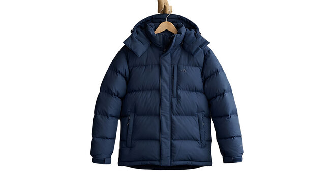 Stylish Navy Blue Puffer Jacket for Winter Wear, Hung on a Hanger Against a Clean White Background, Ideal for Cold Weather