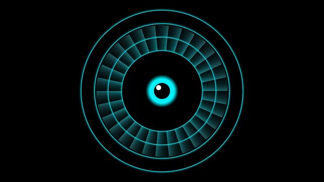 Glowing blue digital eye circular pattern in a high tech futuristic dark environment 4K Motion Video
