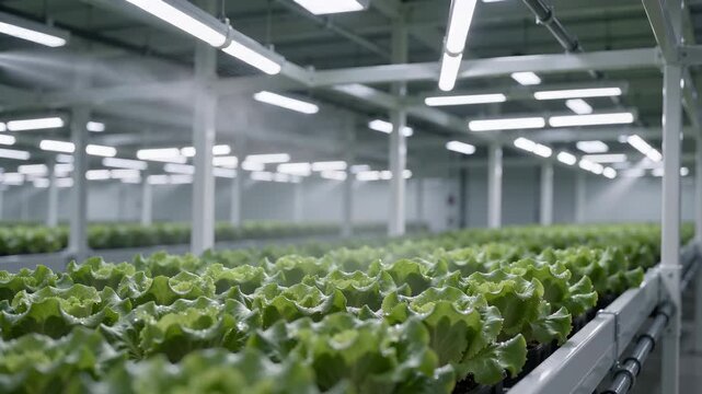 Irrigation mist moves across an indoor vertical lettuce farm