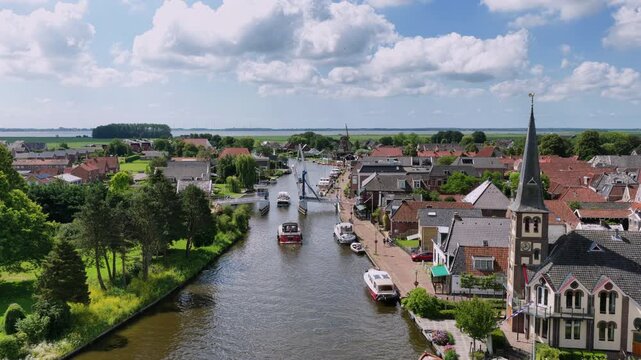 Aerial view of a historic watersports village in the Netherlands