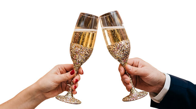 Couple toasting with sparkling champagne glasses isolated on white background