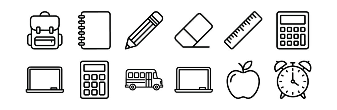 School supplies vector icons including backpack, notebook, pencil, eraser, ruler, calculator, laptop, school bus, apple, and alarm clock in simple black line style on transparent background
