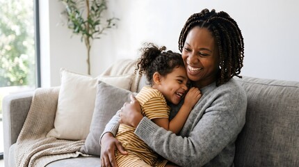 Obraz premium Mother and daughter embracing and laughing together on a couch