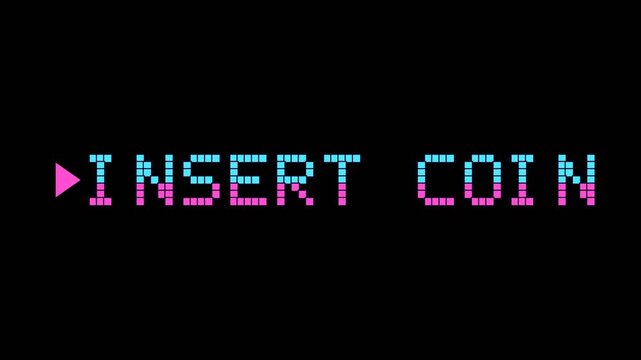 Retro arcade insert coin text blinking on black background