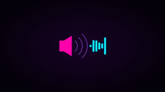 Neon audio speaker icon unmuting with sound waves animation