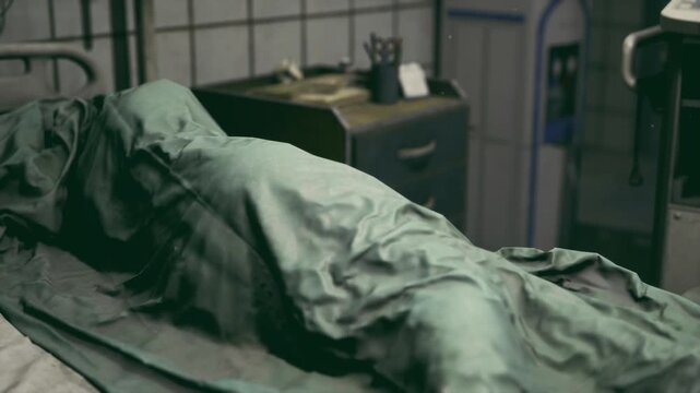 Worn sheet on empty hospital bed, abandoned ward with scuffed metal frame and open bedside drawers, soft shadow play across fabric wrinkles, urban explorer