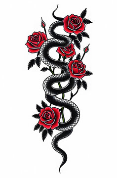 black snake and red roses tattoo vector illustration