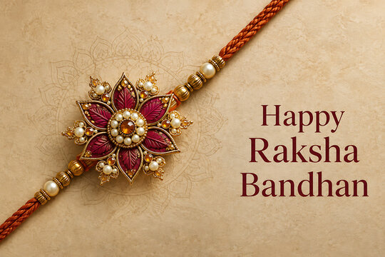 Traditional golden and maroon rakhi resting on a beige background with subtle mandala patterns celebrating the beautiful sibling bond happy raksha bandhan