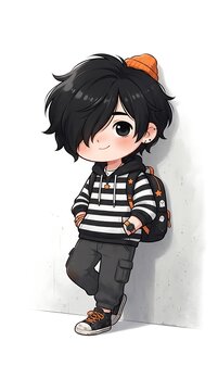 Cool emo style boy character wearing striped shirt and beanie hat