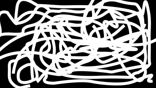Abstract white scribble lines on black background, minimalist hand-drawn doodle pattern, dynamic motion overlay for creative projects