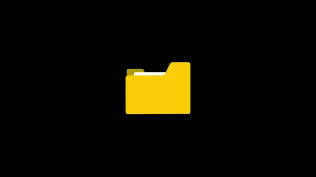 Minimalist 2 d animation of a yellow folder opening and closing on black background, file document archive