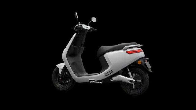 A high-contrast 3D illustration of a stylish white electric motor scooter shown in side profile, set against a solid dark black backdrop. Perfect for dark mode UI graphics, sleek vehicle marketing, EV