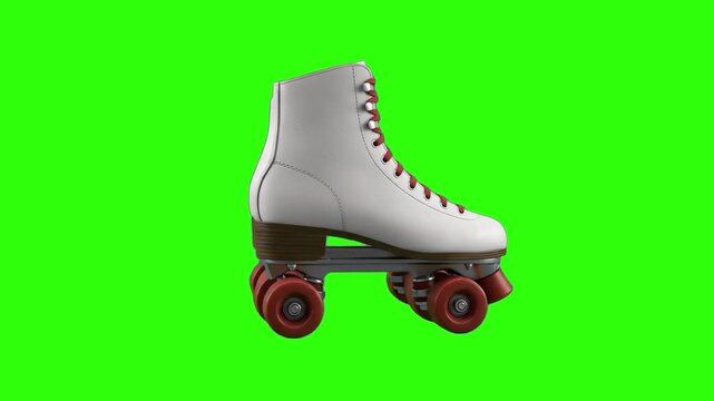A detailed 3D illustration of a classic white quad roller skate with red wheels and laces, isolated on a bright chroma key green background. Excellent for video editing overlays, sports commercial com