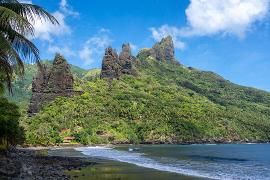 Hatiheu Bay and Beach, Nuku Hiva, French Polynesia, with lush cliffs
