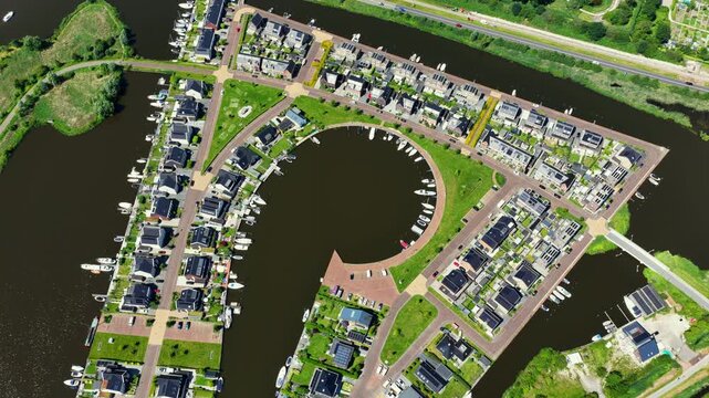 Aerial view of waterfront houses in Friesland, the Netherlands