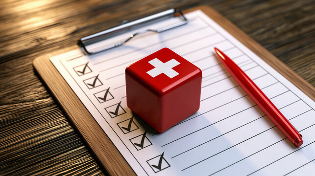 A red cube with a white medical cross sits on a checklist clipboard with a red pen. Healthcare planning or insurance evaluation concept for professional use.