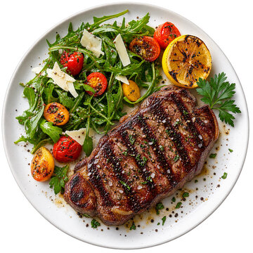 Grilled beef steak with arugula tomato salad and lemon