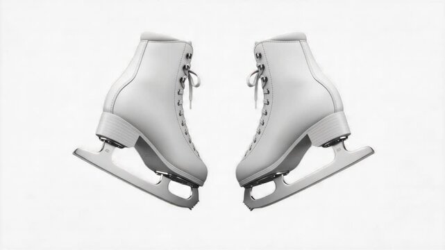 A pristine 3D render of a pair of traditional white ice figure skates with steel blades, positioned facing each other on a clean light backdrop. Perfect for figure skating events, winter Olympics prom