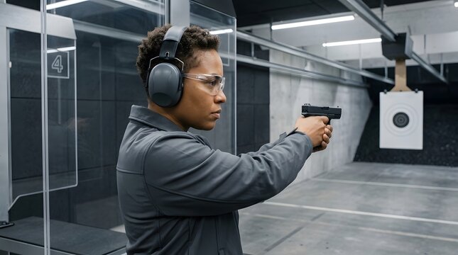 Gun, shooting range and woman with handgun for practice, self defense and weapon training. Target, pistol and firearm with protection, safety gear and aiming at sport club for hobby and skills