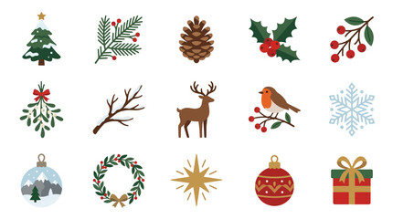 Naklejka premium Vintage Christmas Icon Set, Retro Holiday Vector Symbols, Classic Winter Collection, Decorative Nature Elements, Festive Badge Graphics