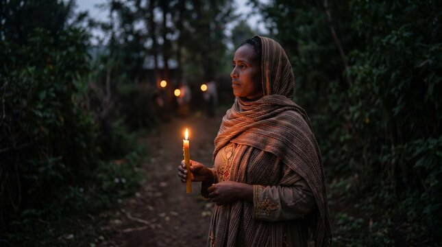 Ethiopian woman holding a candle on a Meskel garden path