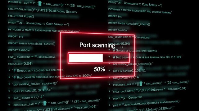 Cybersecurity port scanning progress bar animation with red glowing frame overlaying scrolling python programming code background, for advanced network, security, data breach, simulation, and tech
