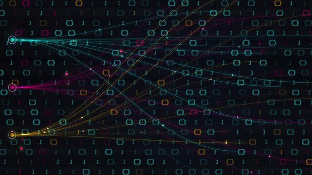 Digital binary code background with glowing data lines. Abstract cyber security network. Futuristic information technology visualization.