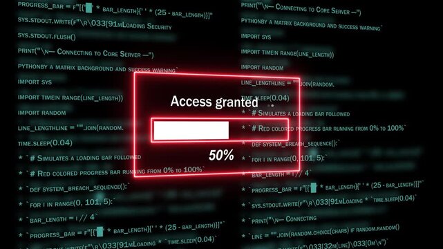 Cybersecurity breach concept featuring an access granted notification window with a dynamic loading progress bar overlaying complex scrolling computer programming code for advanced digital