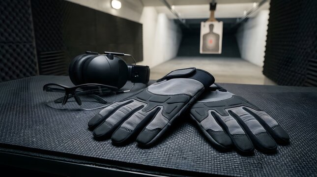 Shooting range, equipment and tactical gear on table with earmuffs, safety glasses and gloves for protection. Target, firearms and training in indoor facility with hobby, sport and defense skill