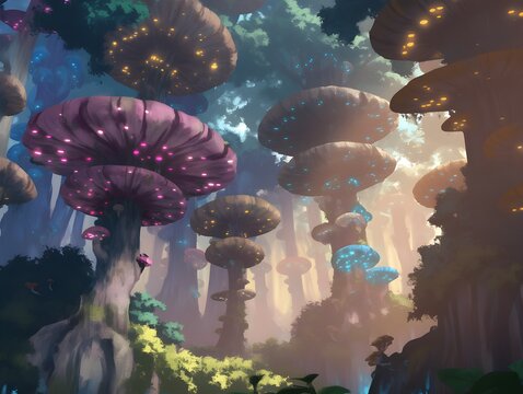 fantasy landscape of alien planet with giant mushrooms