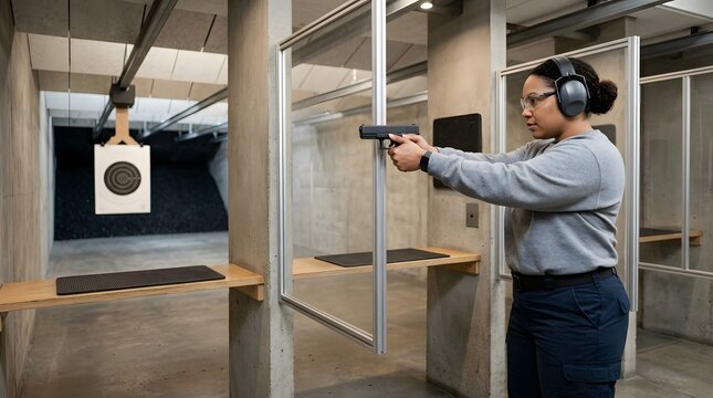 Shooting range, woman and handgun for defense training, practice and firearm safety at indoor facility. Person, pistol and target with protection, concentration and shooting skills for sport, hobby.