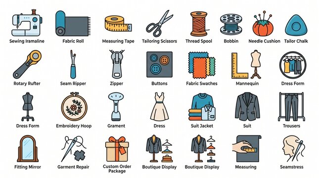 Tailor Clothing Fashion and Sewing Business Icon Set &ndash; Custom Garment, Boutique and Alteration Services