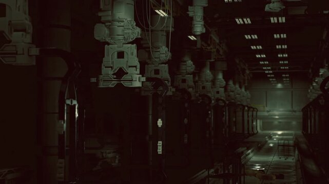 Research corridor lined with coolant columns and monitoring consoles, green tinted low light, containment vibe with sealed accessways, rows of vertical tanks