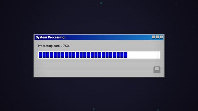 Retro computer loading bar, vintage system processing window with progress bar, nostalgic 90s software interface animation