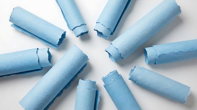 Multiple textured light blue paper scrolls arranged in circular radial pattern