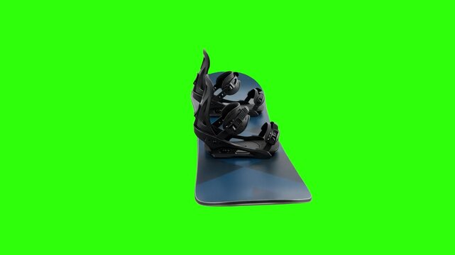 A modern 3D black snowboard with bindings shown from a front angle perspective on a chroma key green background. Designed for seamless keying and compositing in winter action sports videos and commerc