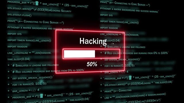 Dynamic cyber security breach simulation featuring a glowing red hacking progress bar overlaying scrolling python source code on a dark digital background, for advanced technology, and network