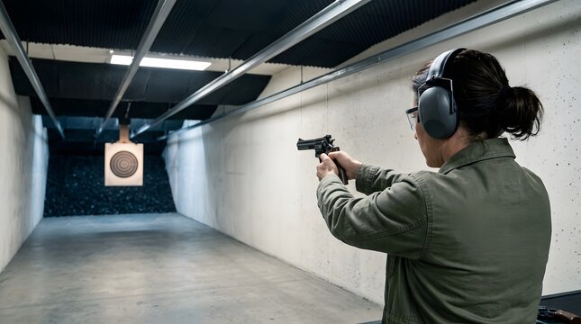 Shooting range, woman and handgun for target practice, firearm safety and precision training. Female, earmuffs and protective gear in indoor facility with aim, gun control, weapon and hobby skill.