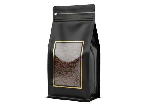 Black coffee bean bag with a window showing roasted coffee beans inside isolated on transparent background
