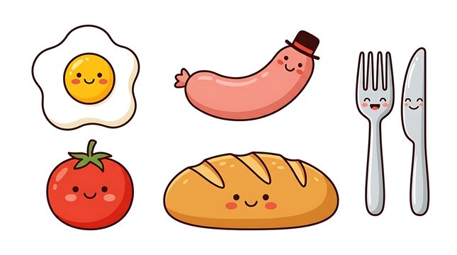 Cute cartoon breakfast food items with happy faces and colorful details