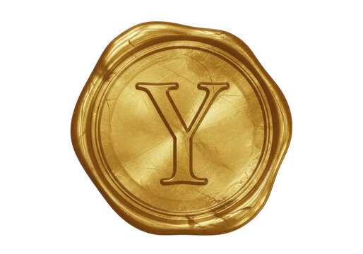 Golden wax seal with letter y embossed stamp isolated on transparent background